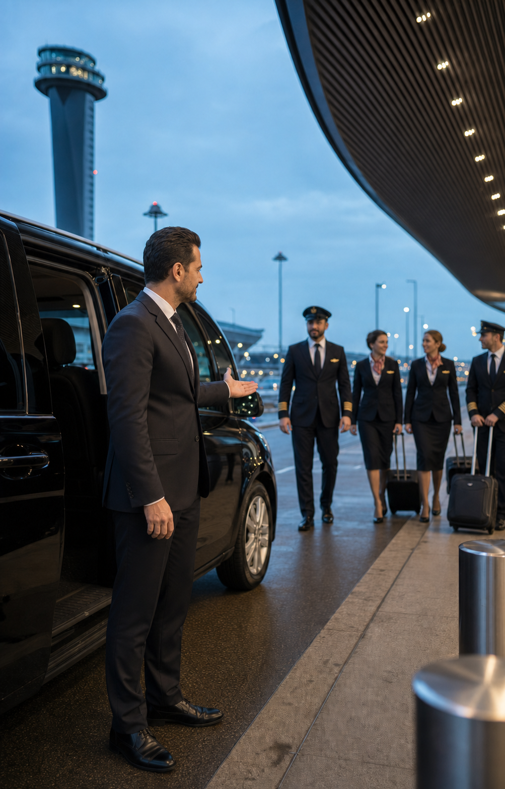 Crew transportation chauffeur welcoming approaching airline crew to a waiting van at an Istanbul airport